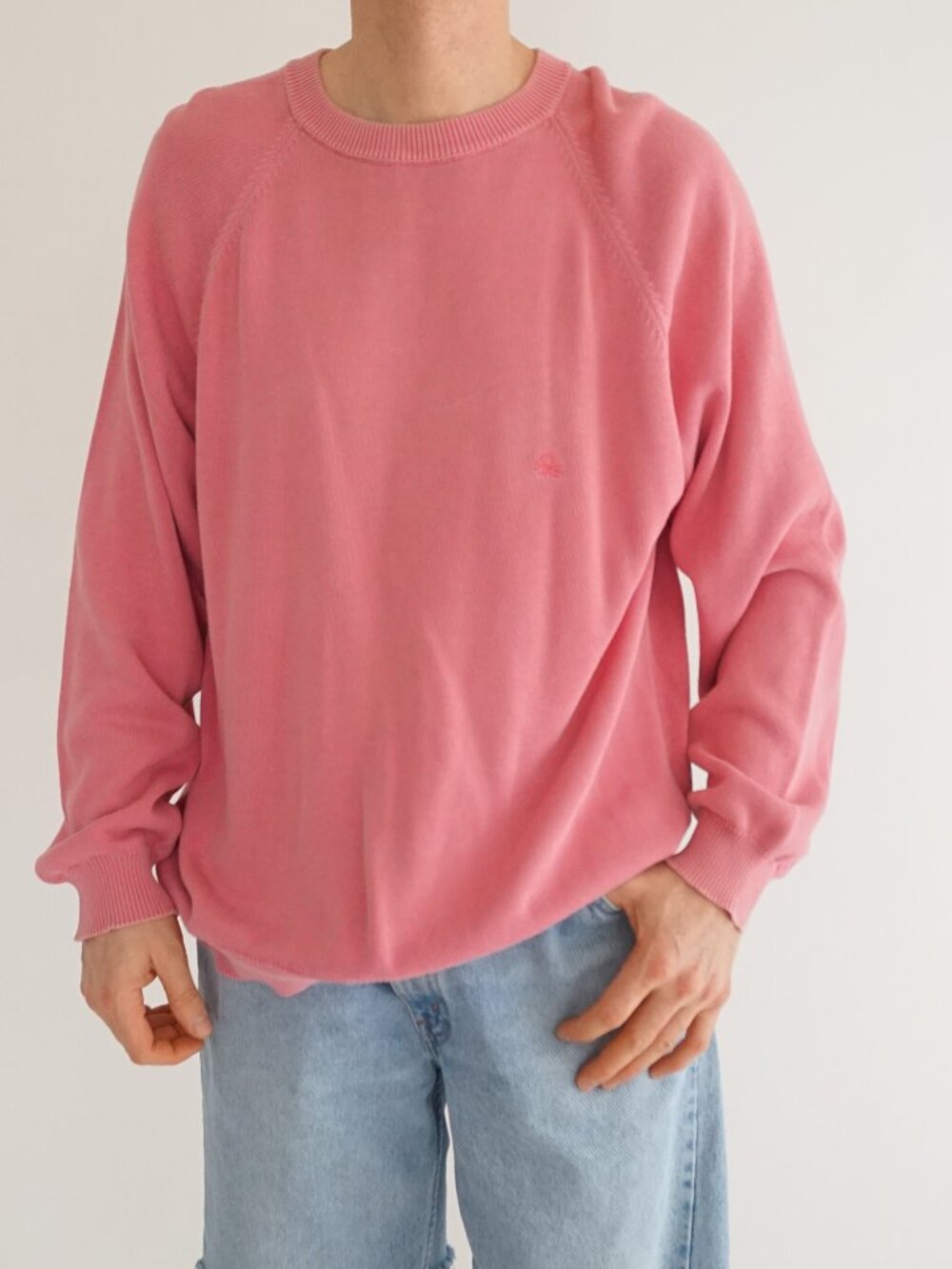 United Colors Benetton Pink Solid Logoed Cotton Knit Sweater Crewneck Classic XL